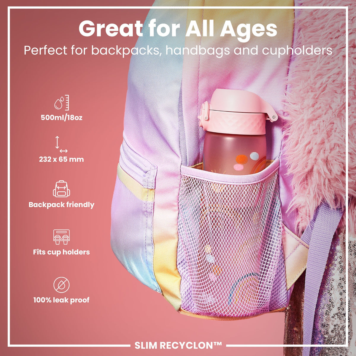 Leak Proof Slim Water Bottle, Recyclon, Rainbows, 18oz