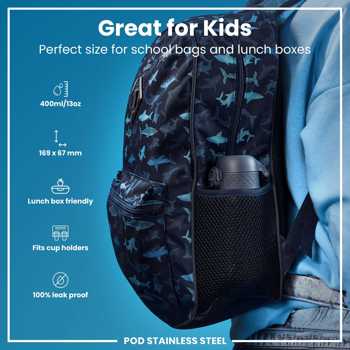 Leak Proof Water Bottle, Stainless Steel, Ash Navy, 13oz