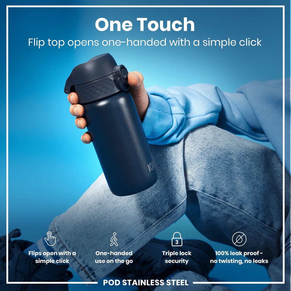 Leak Proof Water Bottle, Stainless Steel, Ash Navy, 13oz