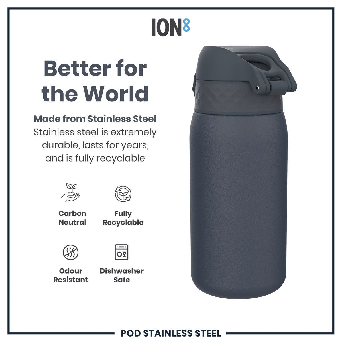 Leak Proof Water Bottle, Stainless Steel, Ash Navy, 13oz