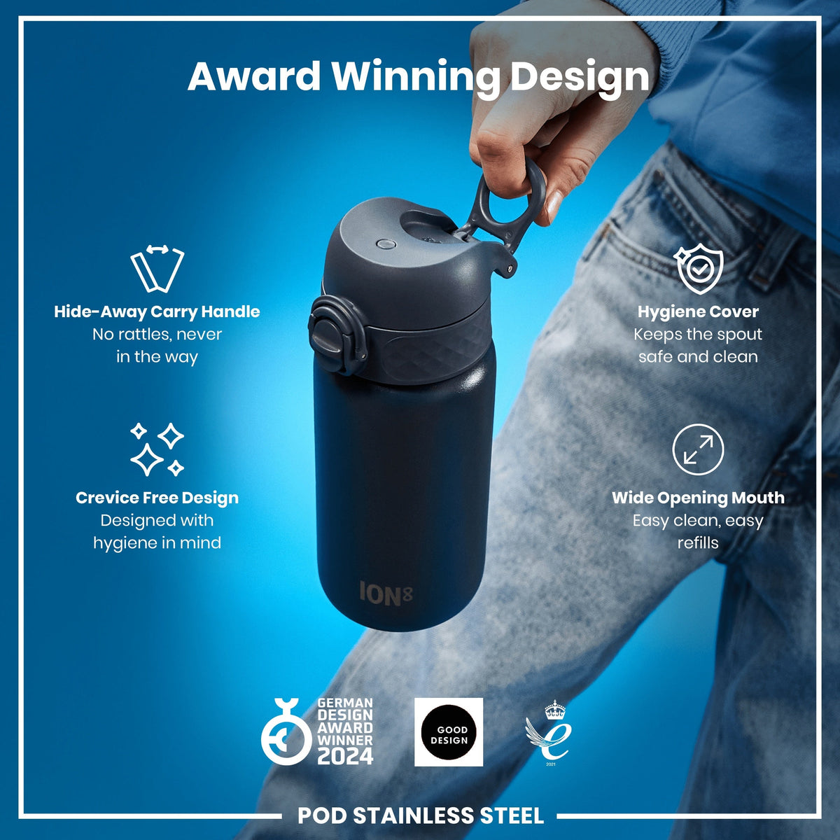 Leak Proof Water Bottle, Stainless Steel, Ash Navy, 13oz