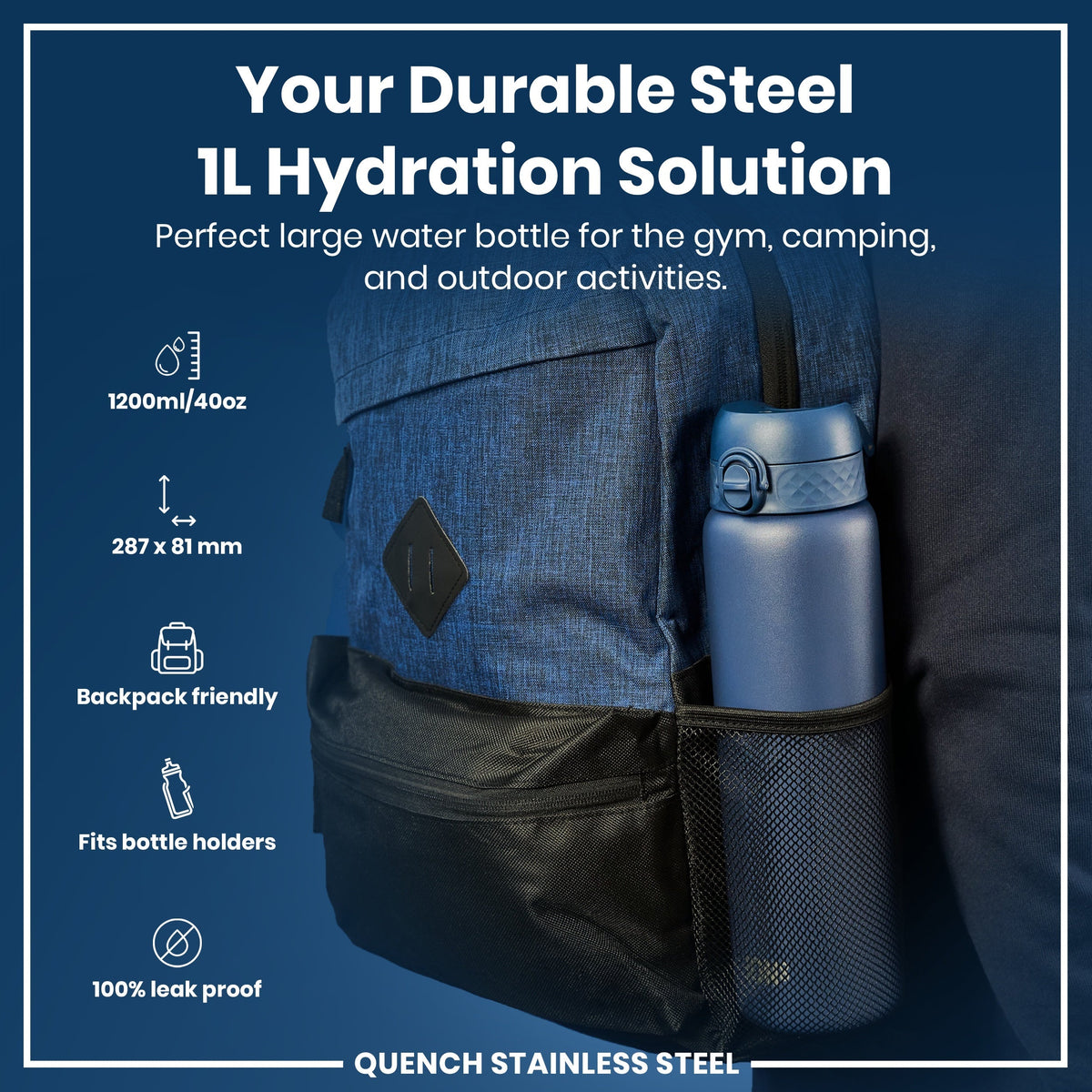 Leak Proof Water Bottle, Stainless Steel, Ash Navy, 40oz