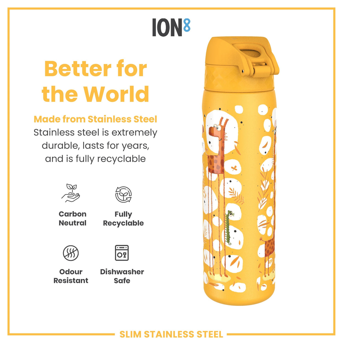 Leak Proof Slim Water Bottle, Stainless Steel, Giraffes, 20oz