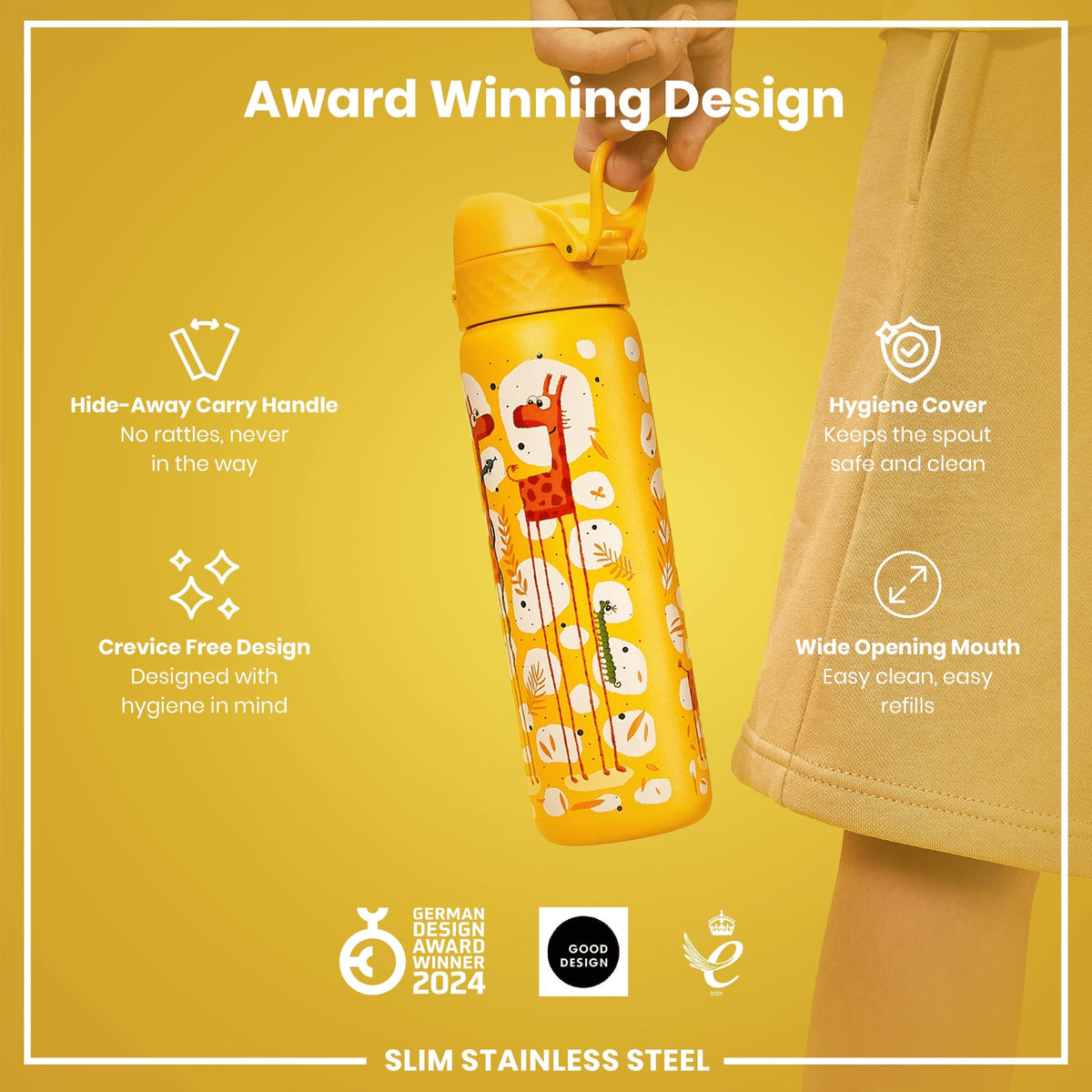 Leak Proof Slim Water Bottle, Stainless Steel, Giraffes, 20oz