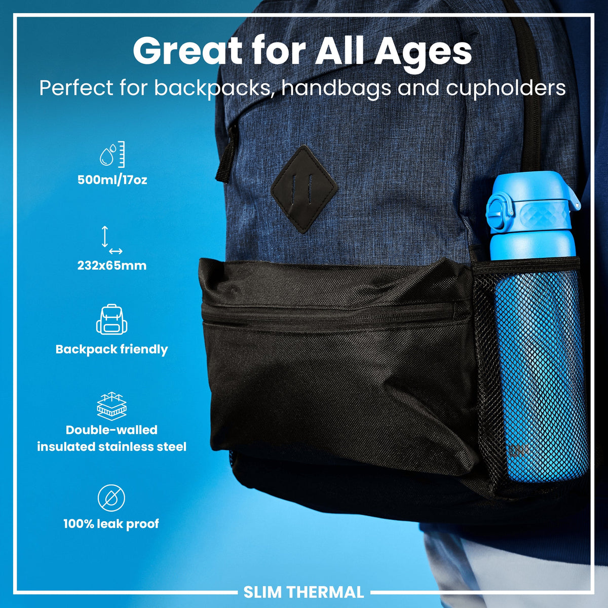 Leak Proof Slim Thermal Steel Water Bottle, Insulated, Blue, 17oz