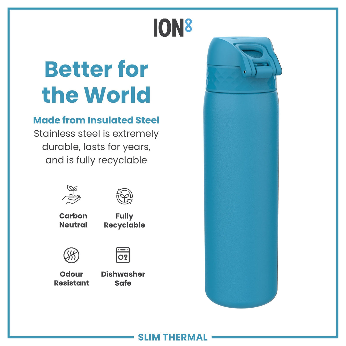 Leak Proof Slim Thermal Steel Water Bottle, Insulated, Blue, 17oz