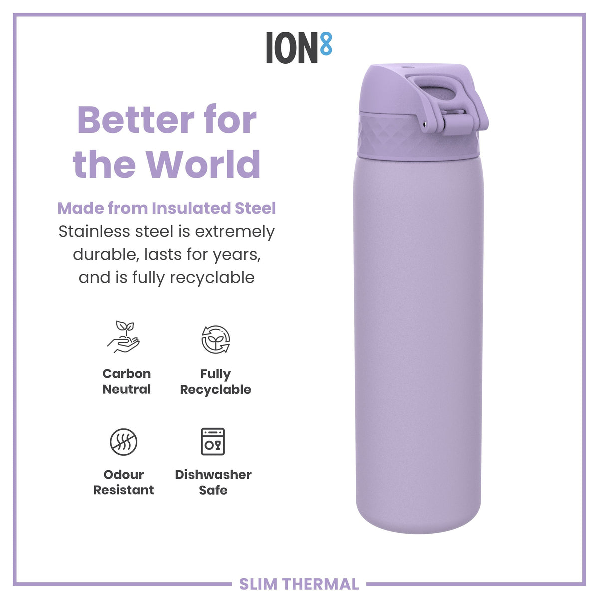 Leak Proof Slim Thermal Steel Water Bottle, Insulated, Light Purple, 17oz