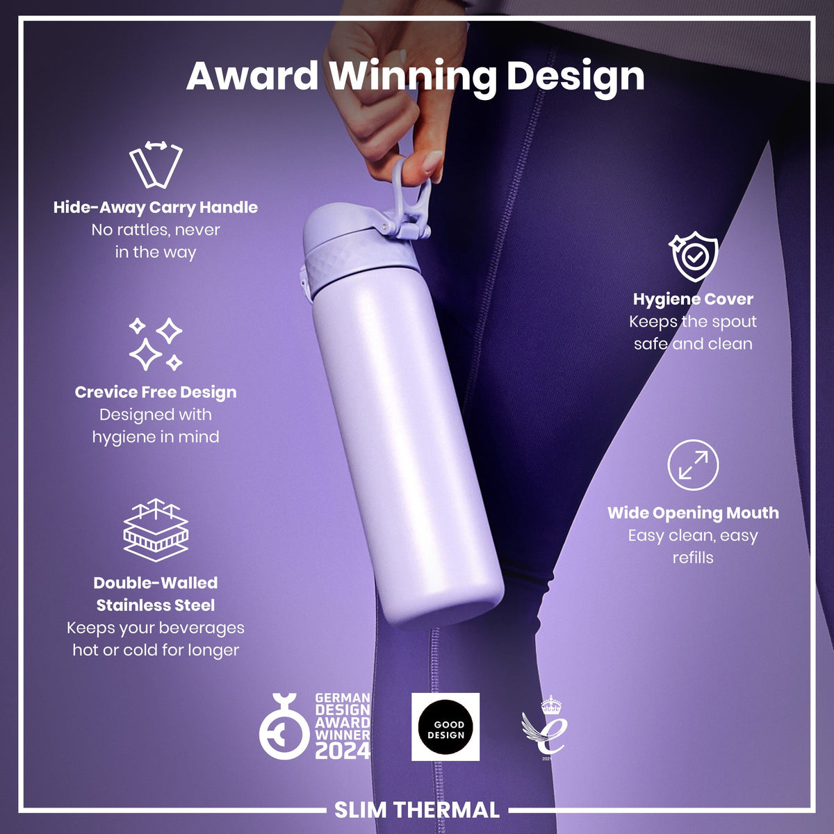 Leak Proof Slim Thermal Steel Water Bottle, Insulated, Light Purple, 17oz