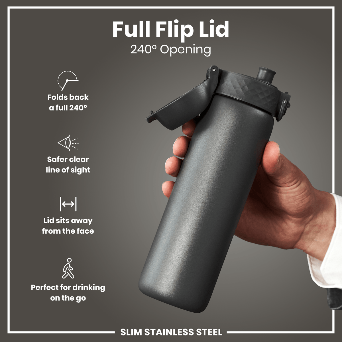 Leak Proof Slim Water Bottle, Stainless Steel, Gray, 20oz