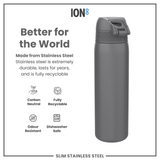 Leak Proof Slim Water Bottle, Stainless Steel, Gray, 20oz