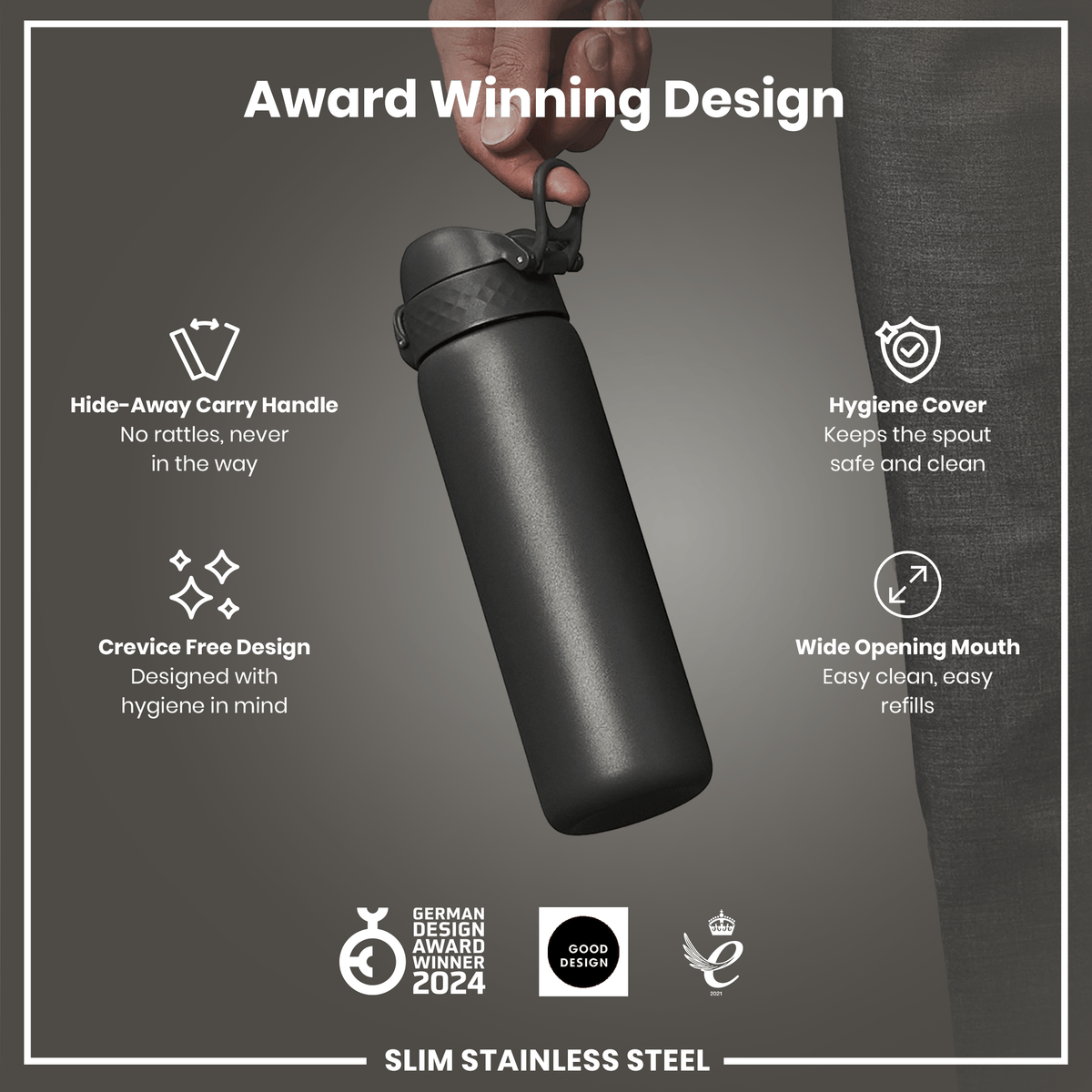 Leak Proof Slim Water Bottle, Stainless Steel, Gray, 20oz