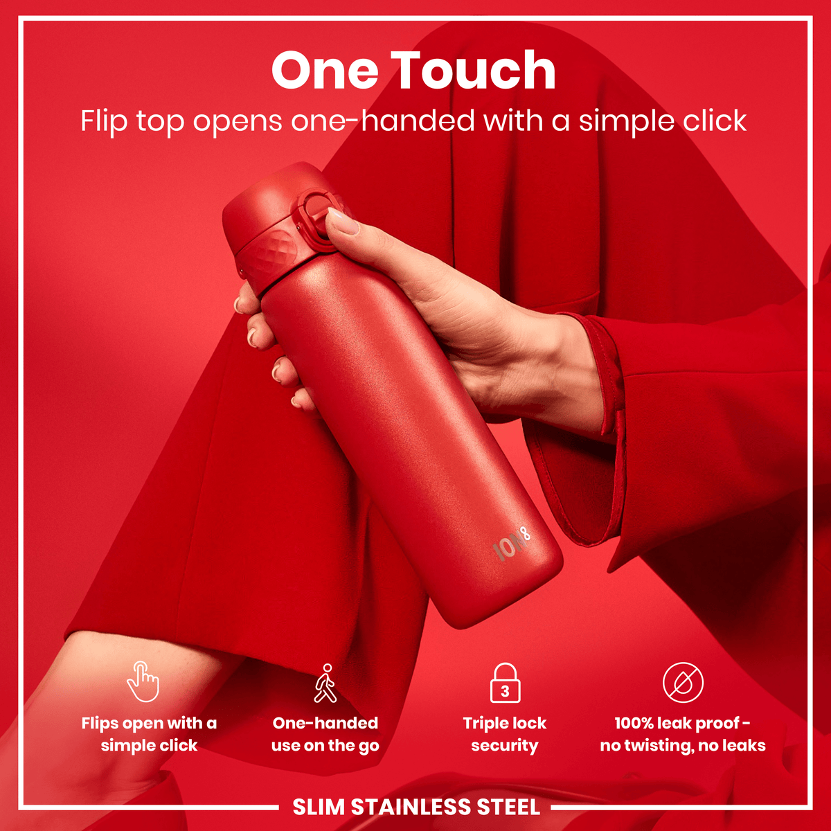 Leak Proof Slim Water Bottle, Stainless Steel, Red, 20oz