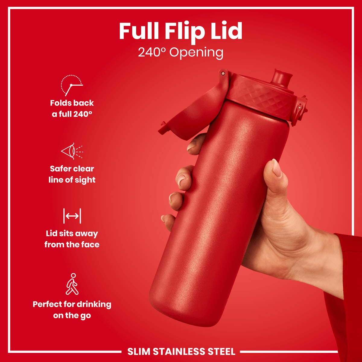 Leak Proof Slim Water Bottle, Stainless Steel, Red, 20oz