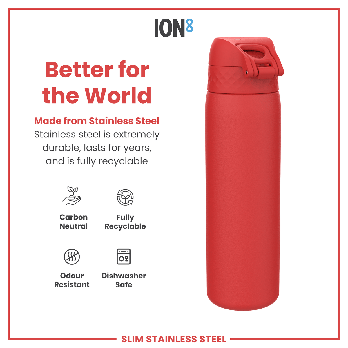 Leak Proof Slim Water Bottle, Stainless Steel, Red, 20oz