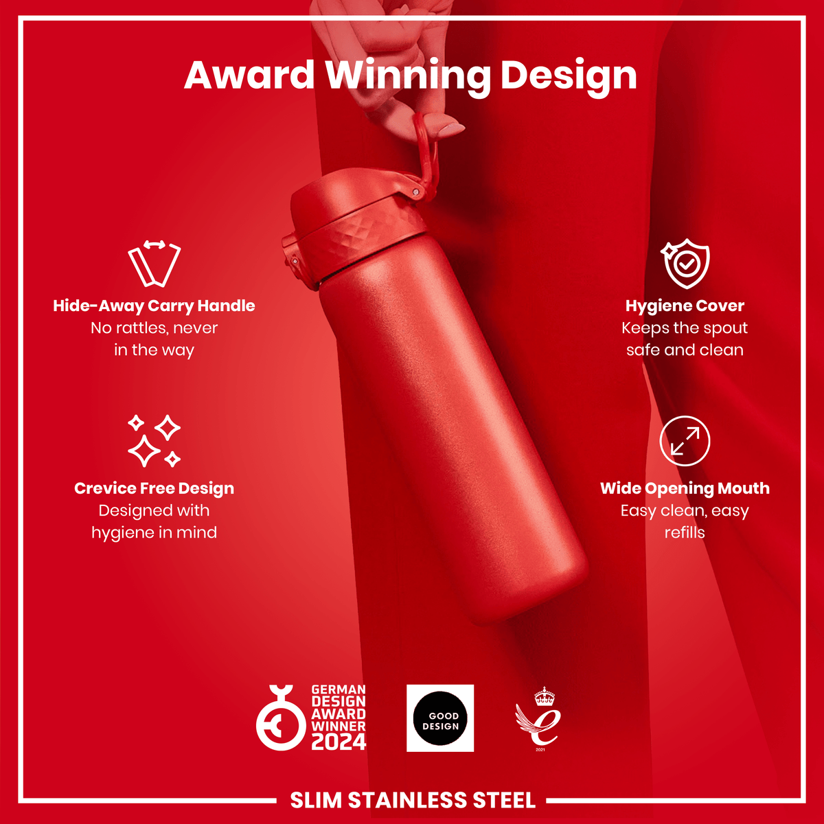Leak Proof Slim Water Bottle, Stainless Steel, Red, 20oz
