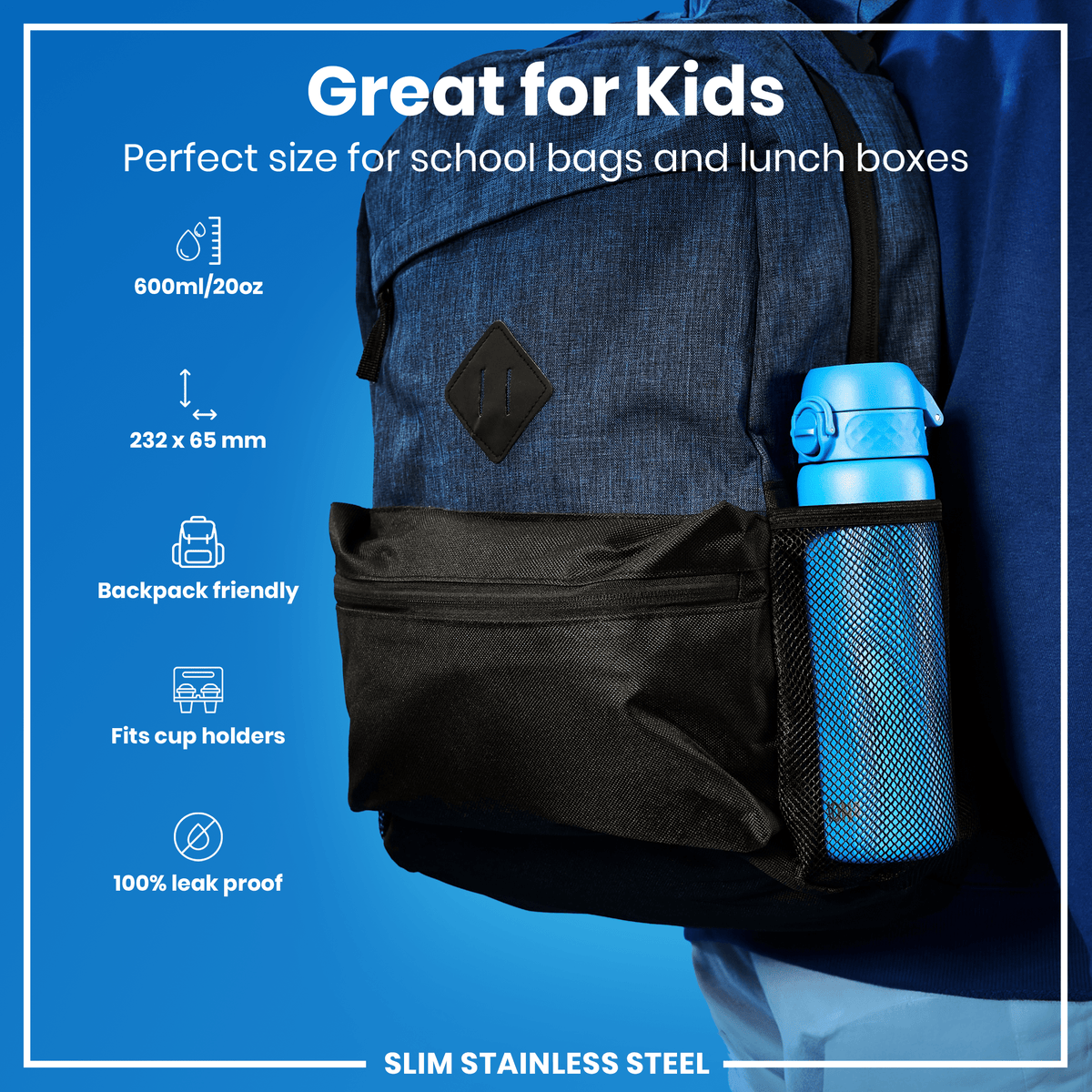 Leak Proof Slim Water Bottle, Stainless Steel, Blue, 20oz