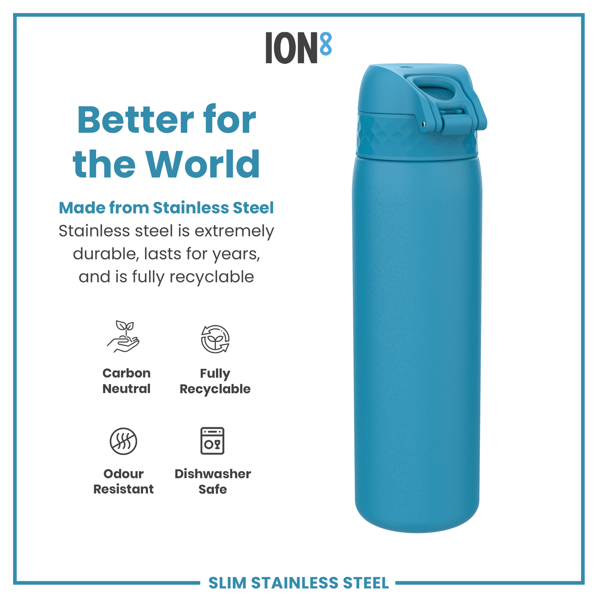 Leak Proof Slim Water Bottle, Stainless Steel, Blue, 20oz