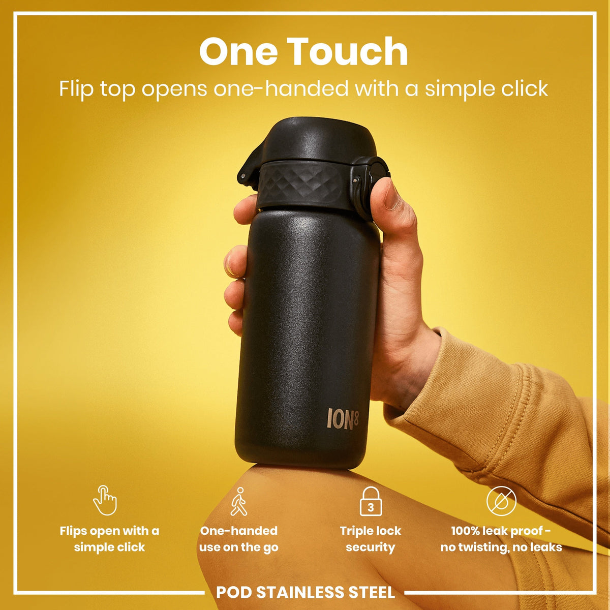 Leak Proof Water Bottle, Stainless Steel, Black, 13oz