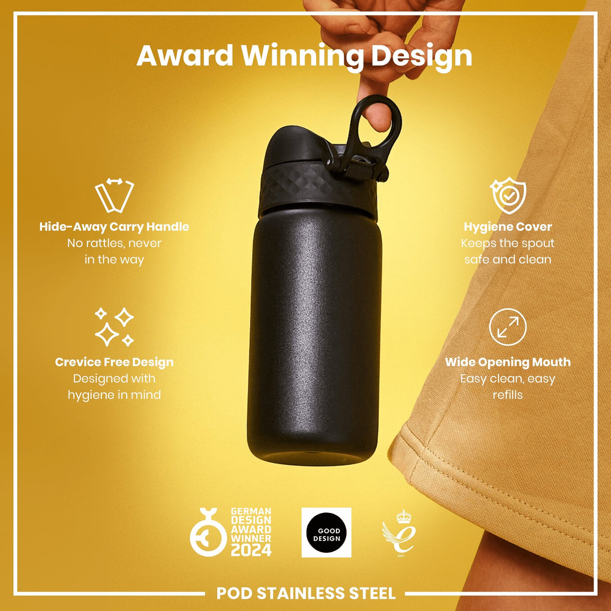 Leak Proof Water Bottle, Stainless Steel, Black, 13oz