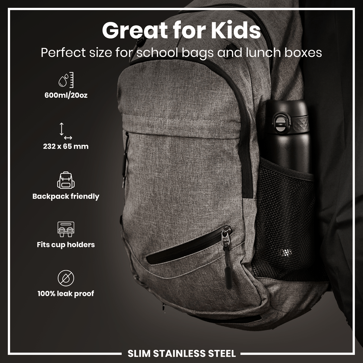 Leak Proof Slim Water Bottle, Stainless Steel, Black, 20oz