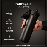 Leak Proof Slim Water Bottle, Stainless Steel, Black, 20oz