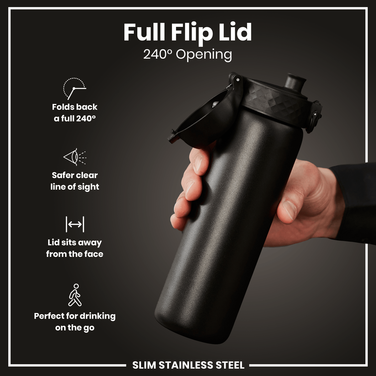 Leak Proof Slim Water Bottle, Stainless Steel, Black, 20oz