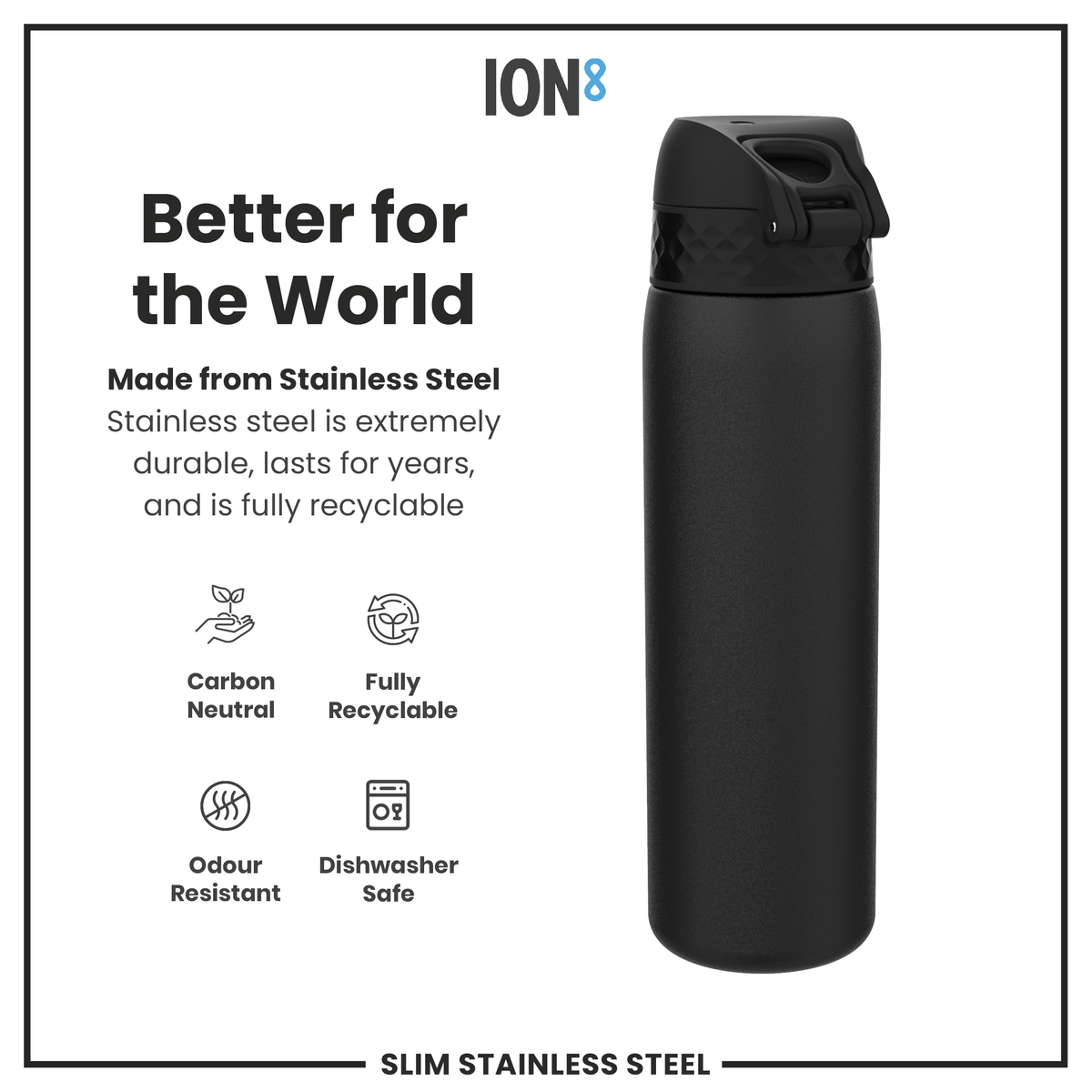 Leak Proof Slim Water Bottle, Stainless Steel, Black, 20oz