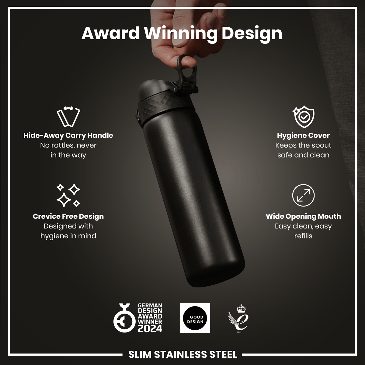 Leak Proof Slim Water Bottle, Stainless Steel, Black, 20oz