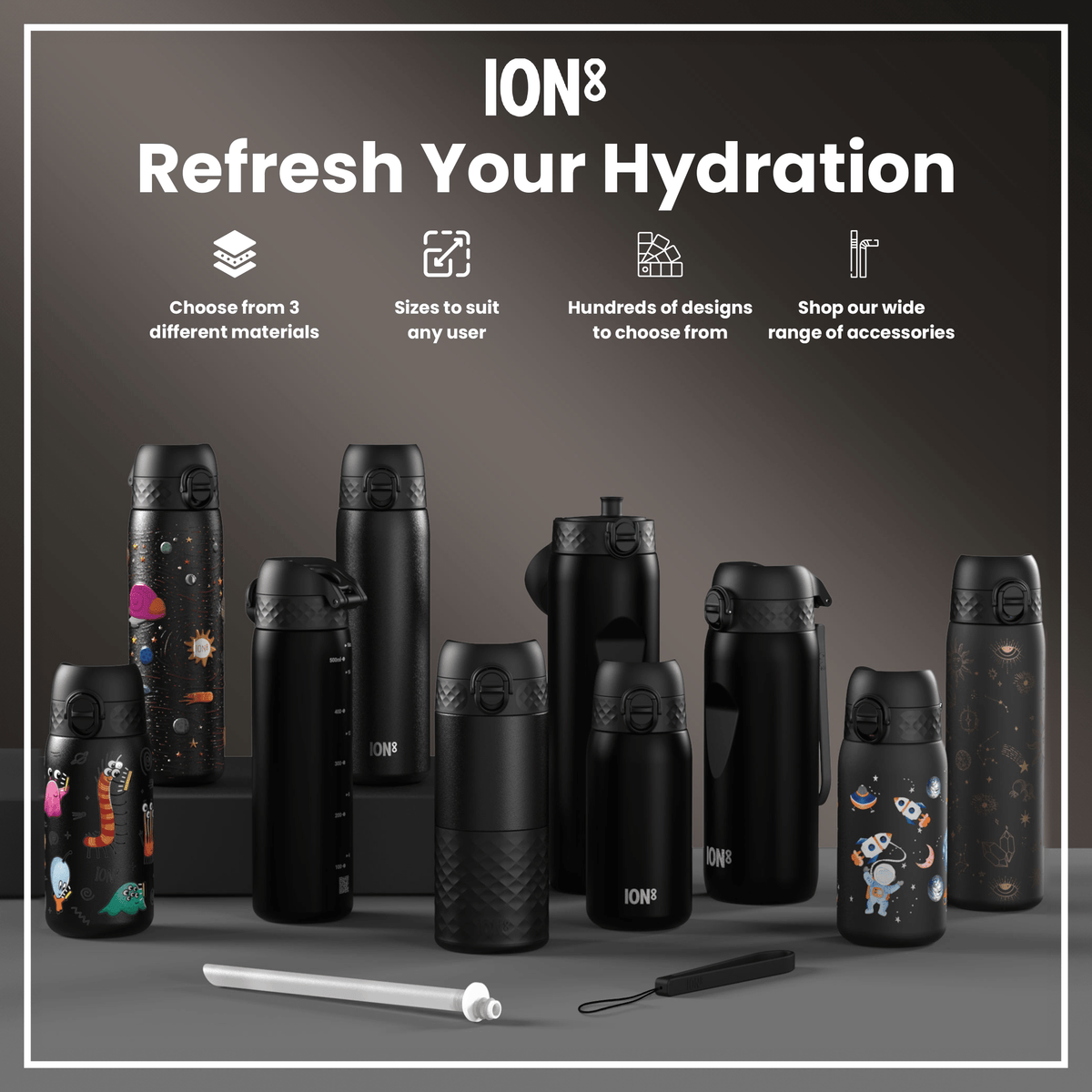 Leak Proof Slim Water Bottle, Stainless Steel, Black, 20oz