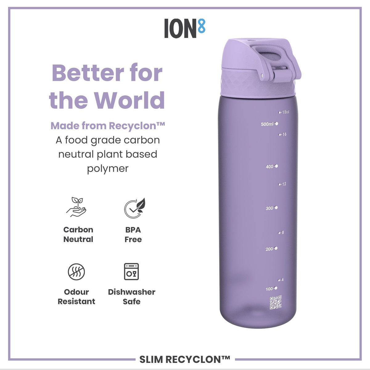 Leak Proof Slim Water Bottle, Recyclon, Light Purple, 18oz
