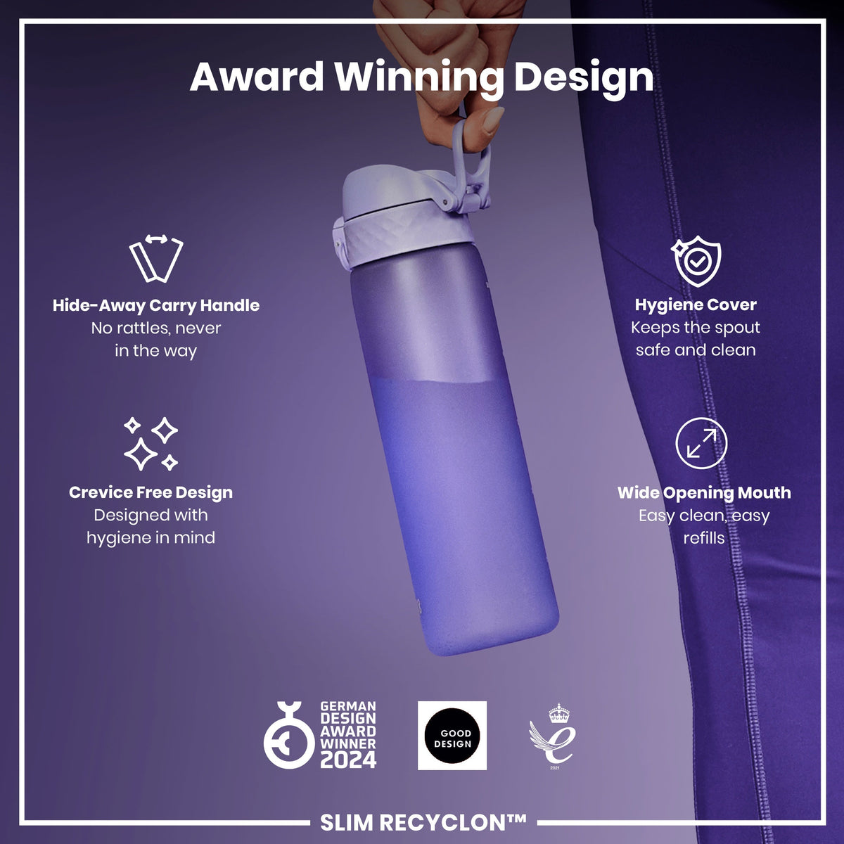 Leak Proof Slim Water Bottle, Recyclon, Light Purple, 18oz
