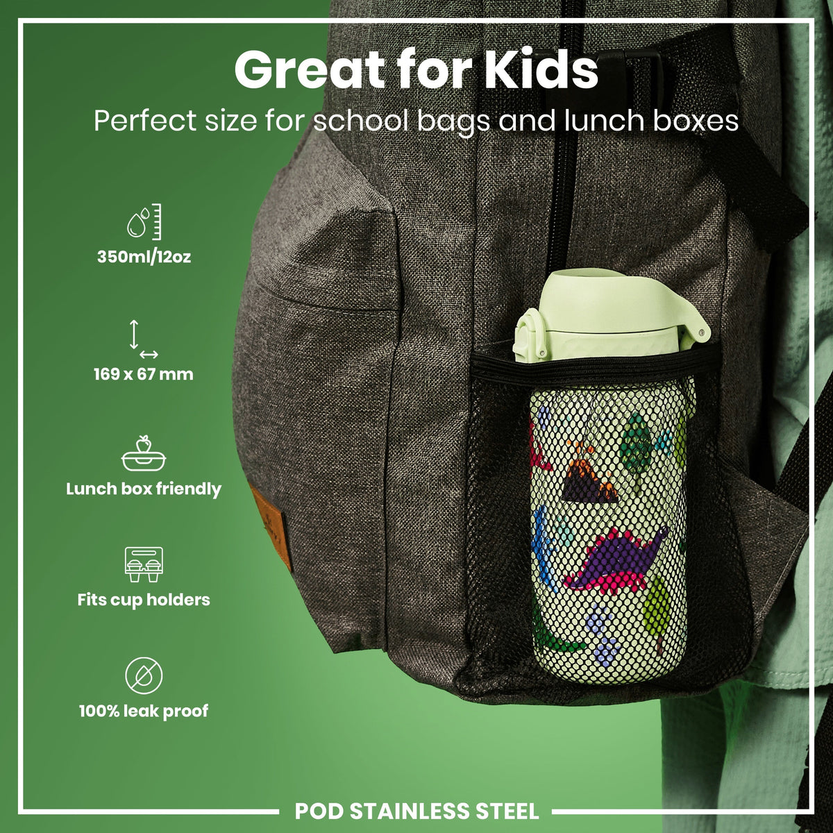 Leak Proof Water Bottle, Stainless Steel, Dinosaurs, 13oz
