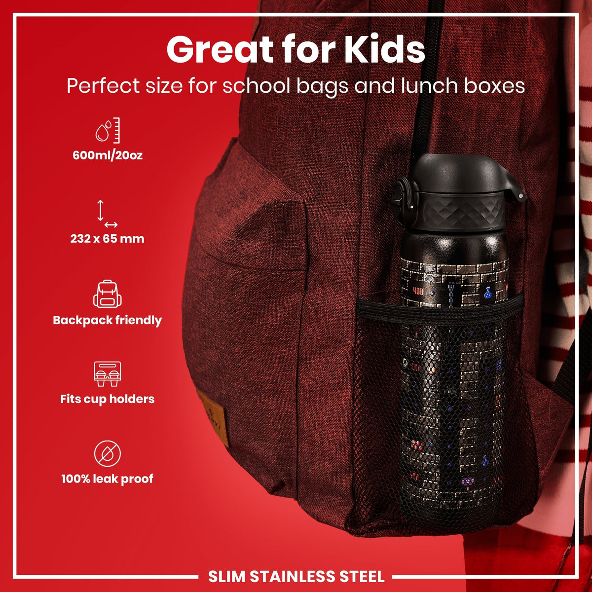 Leak Proof Slim Water Bottle, Stainless Steel, Gamer, 20oz