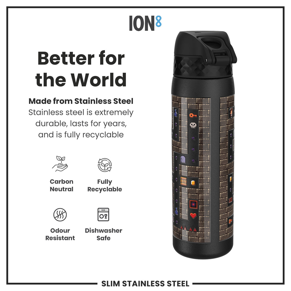 Leak Proof Slim Water Bottle, Stainless Steel, Gamer, 20oz
