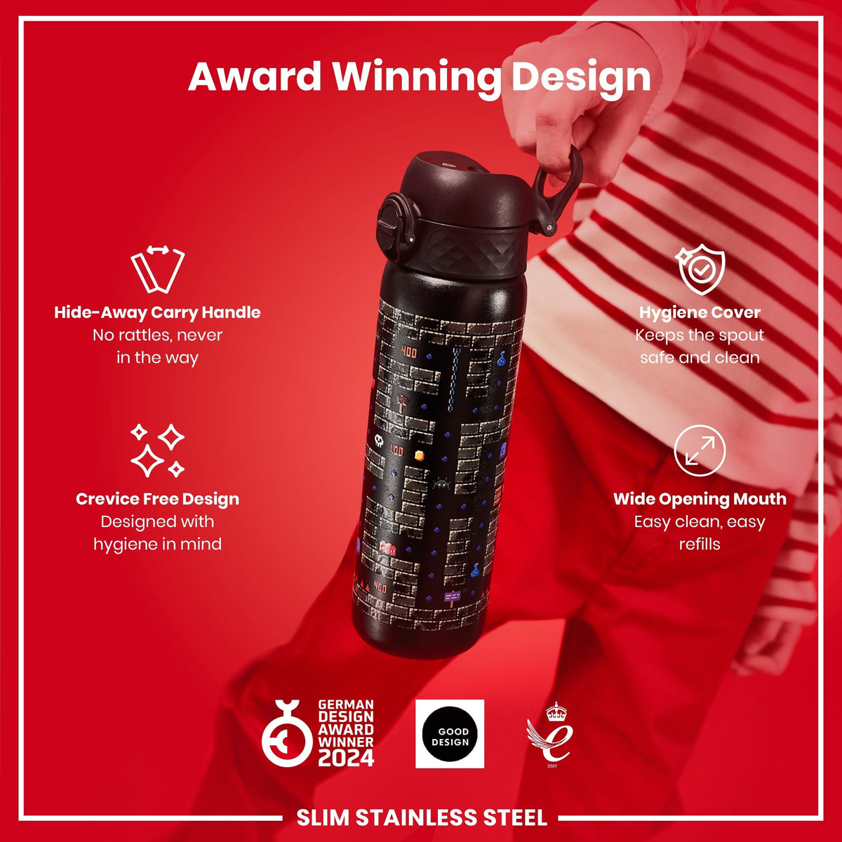 Leak Proof Slim Water Bottle, Stainless Steel, Gamer, 20oz