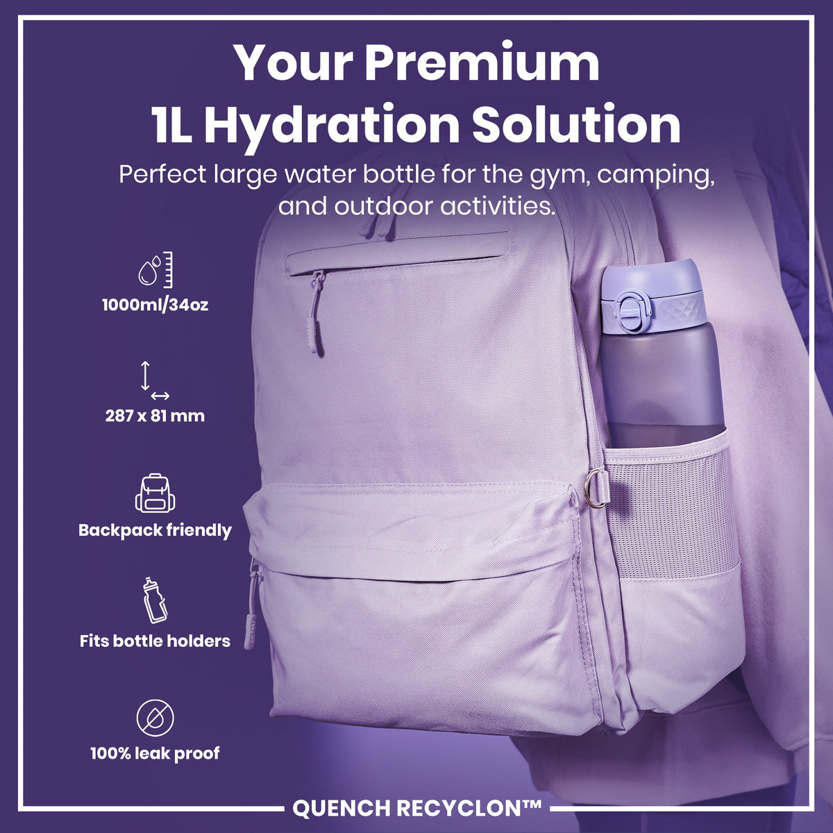 Leak Proof Water Bottle, Recyclon, Light Purple, 34oz