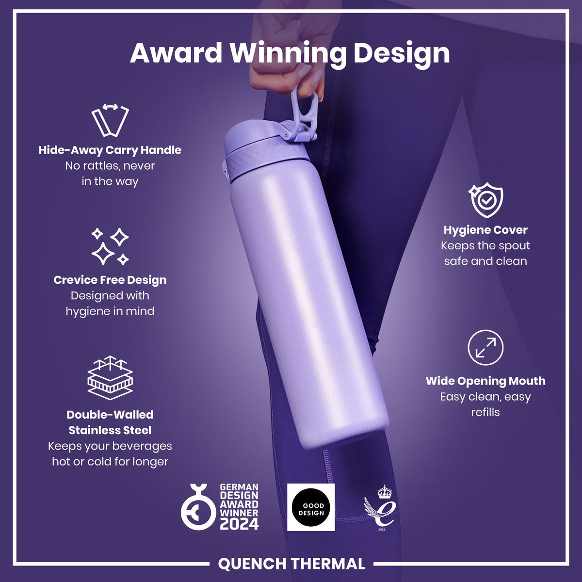 Leak Proof Thermal Water Bottle, Insulated, Light Purple, 31oz