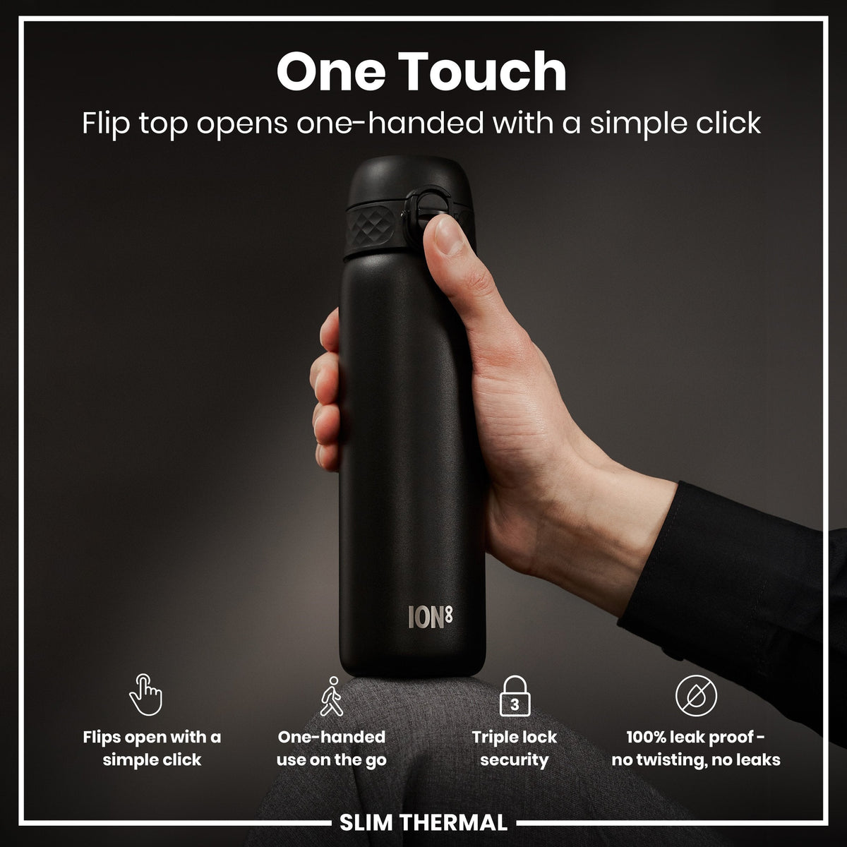 Leak Proof Slim Thermal Steel Water Bottle, Insulated, Black, 17oz