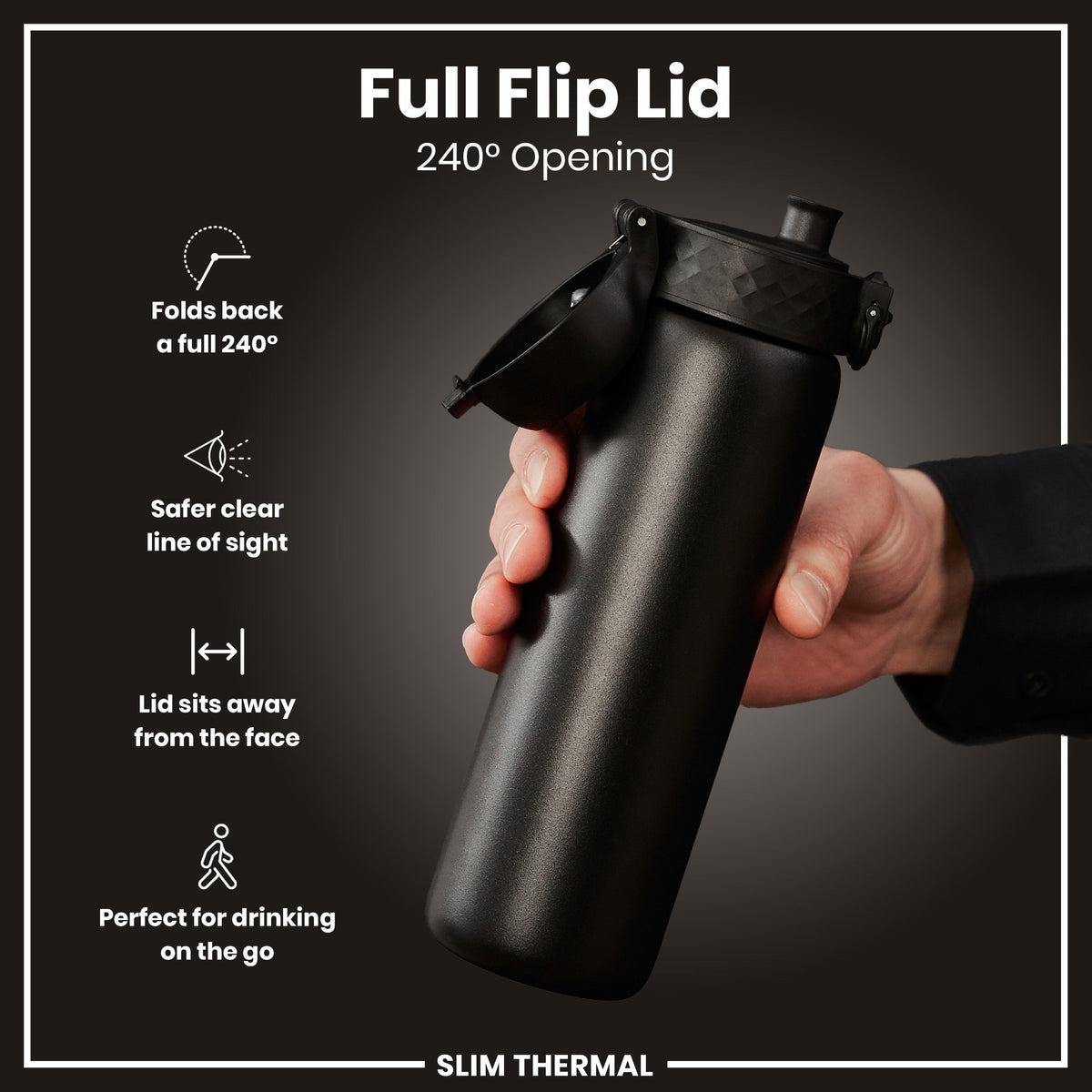 Leak Proof Slim Thermal Steel Water Bottle, Insulated, Black, 17oz