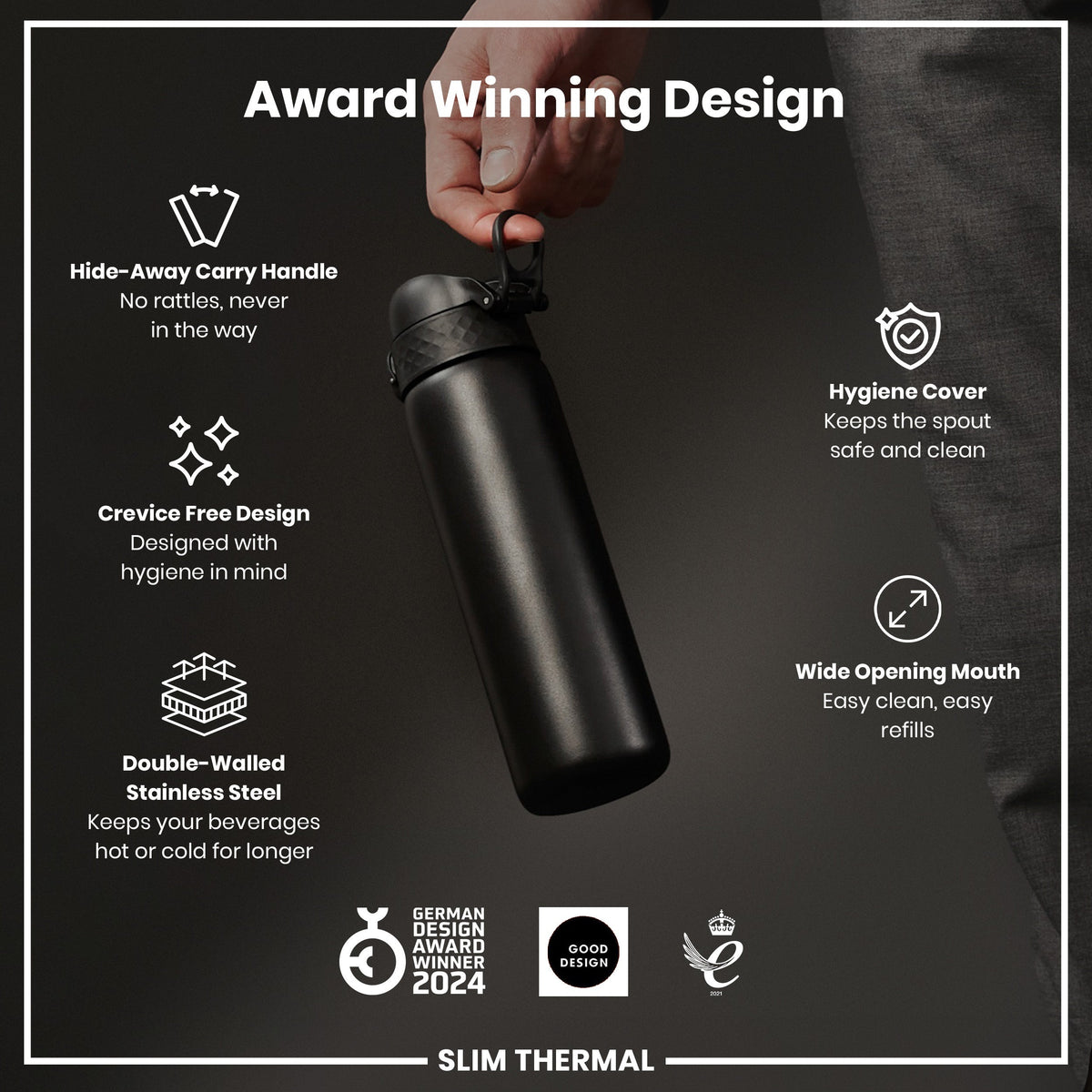 Leak Proof Slim Thermal Steel Water Bottle, Insulated, Black, 17oz