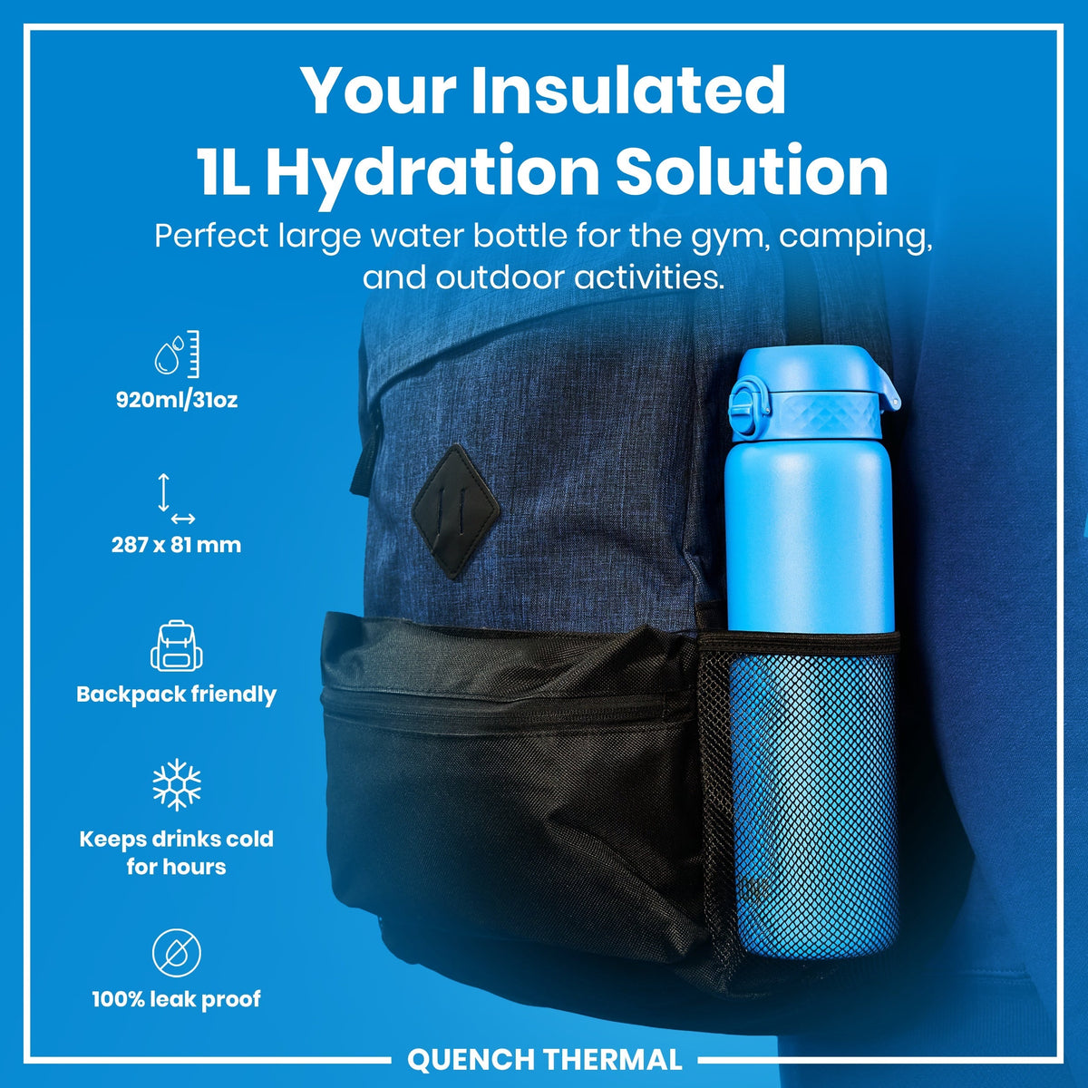 Leak Proof Thermal Water Bottle, Insulated, Blue, 31oz