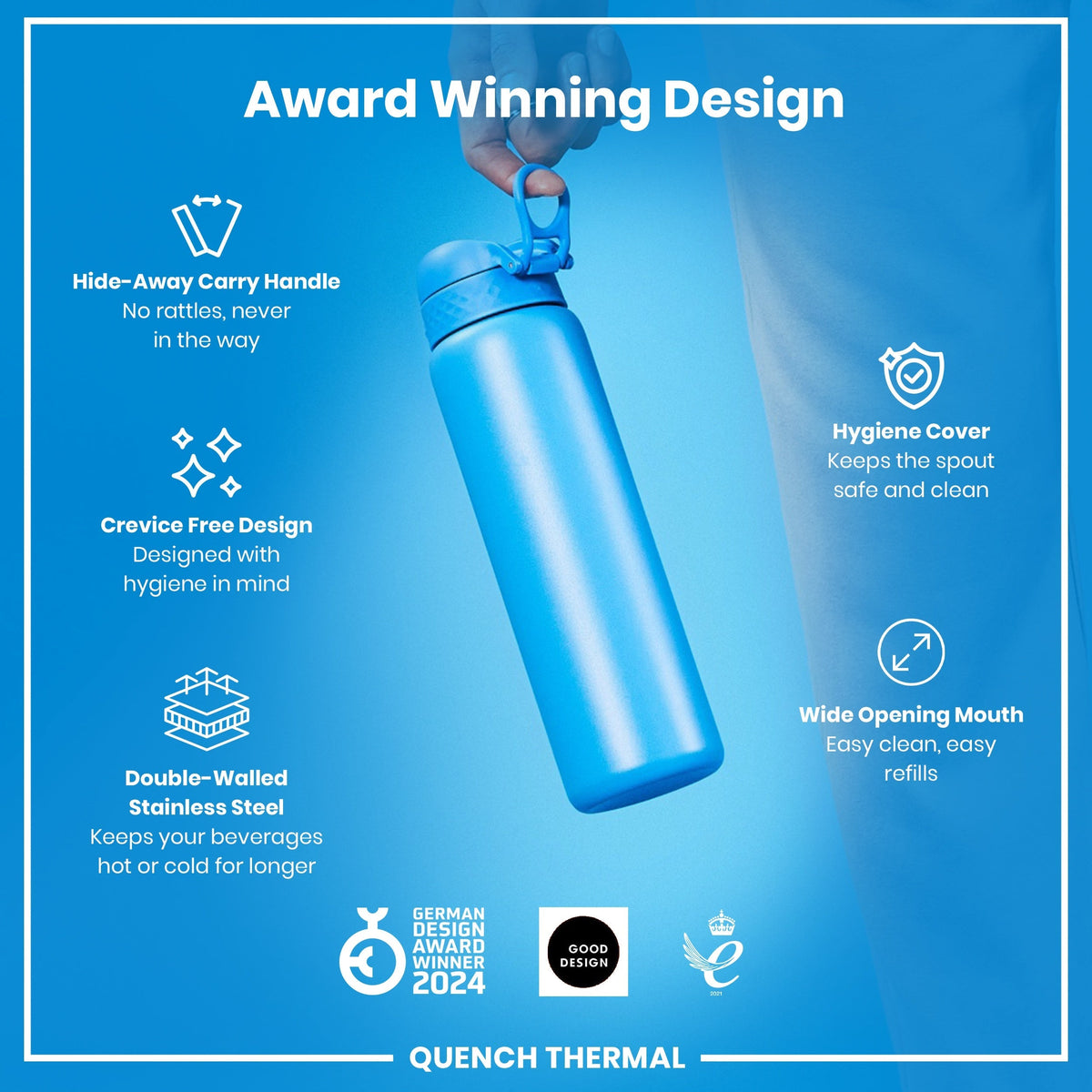 Leak Proof Thermal Water Bottle, Insulated, Blue, 31oz