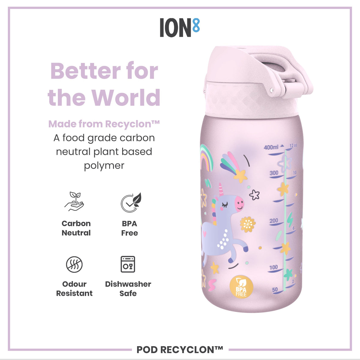 Leak Proof Kids Water Bottle, Recyclon, Unicorns, 12oz