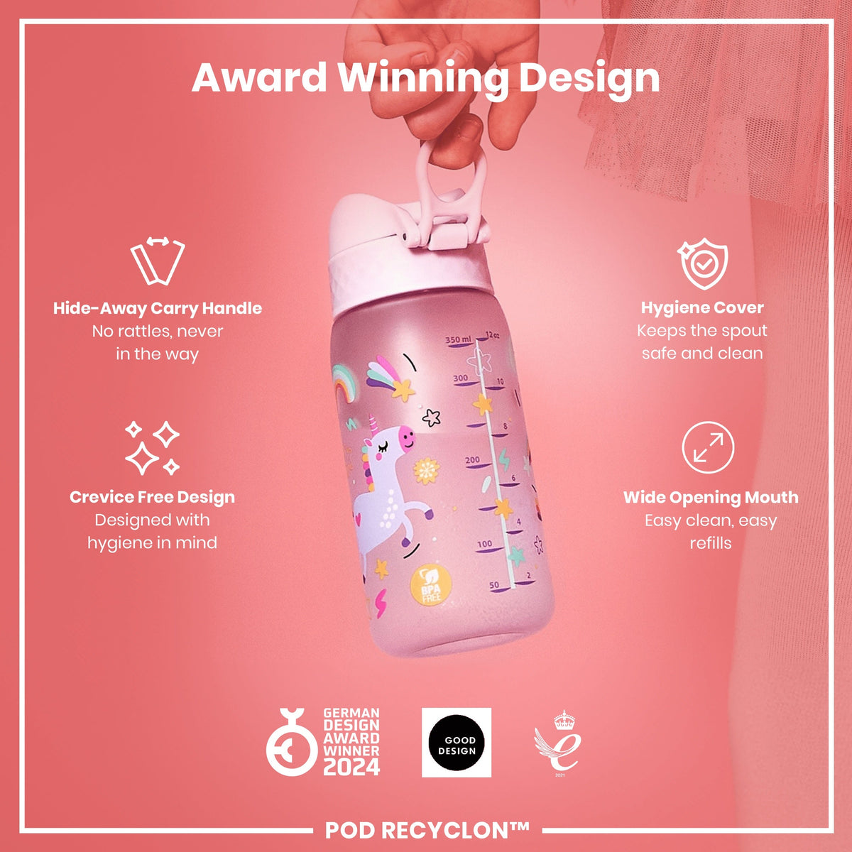 Leak Proof Kids Water Bottle, Recyclon, Unicorns, 12oz