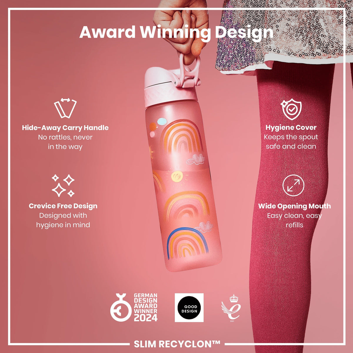 Leak Proof Slim Water Bottle, Recyclon, Rainbows, 18oz