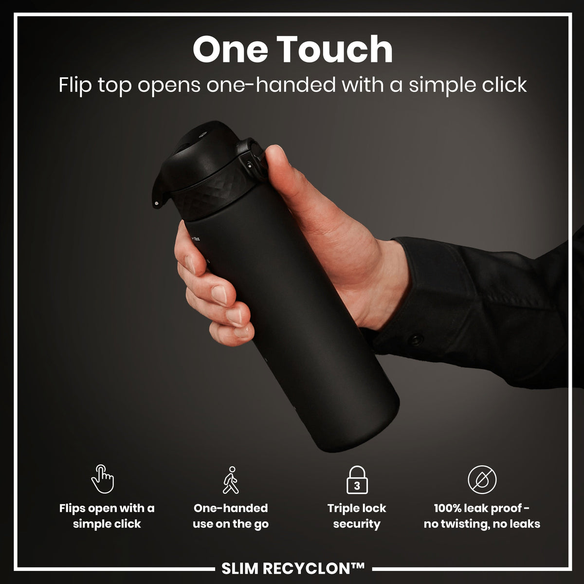 Leak Proof Slim Water Bottle, Recyclon, Black, 18oz
