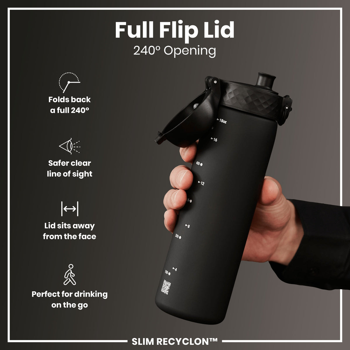 Leak Proof Slim Water Bottle, Recyclon, Black, 18oz