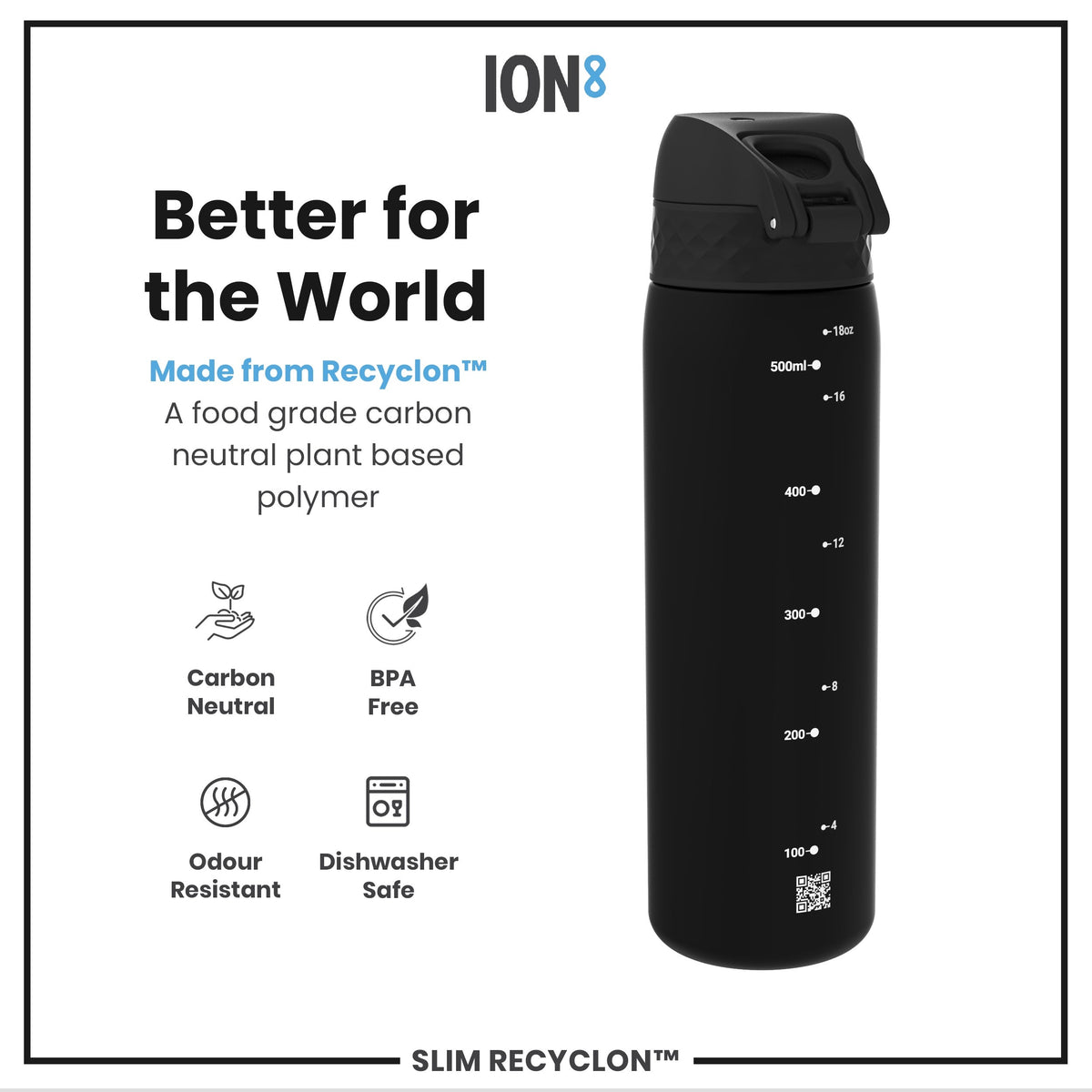 Leak Proof Slim Water Bottle, Recyclon, Black, 18oz