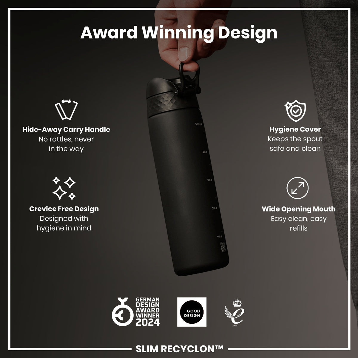 Leak Proof Slim Water Bottle, Recyclon, Black, 18oz