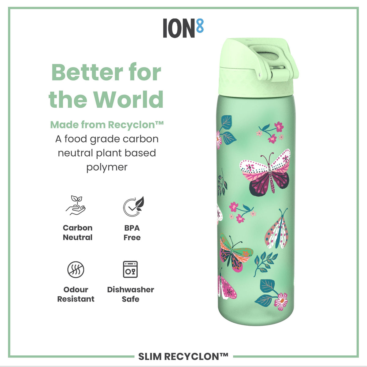 Leak Proof Slim Water Bottle, Recyclon, Wild Butterfly, 18oz